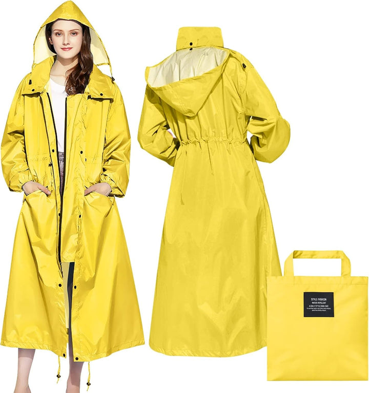 LAMA Stilvoller langer Regenmantel Unisex Regenponcho mit Wasserdichte Pattentasche Kapuze Tunnelzug