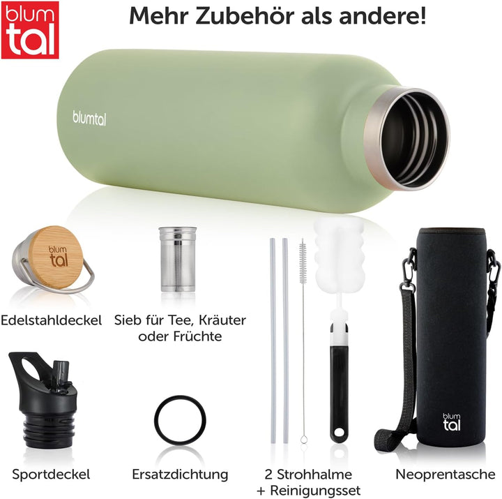 Blumtal Thermosflasche 1L - doppelwandige Trinkflasche Edelstahl 1L - Isolierflasche 1L BPA frei - E