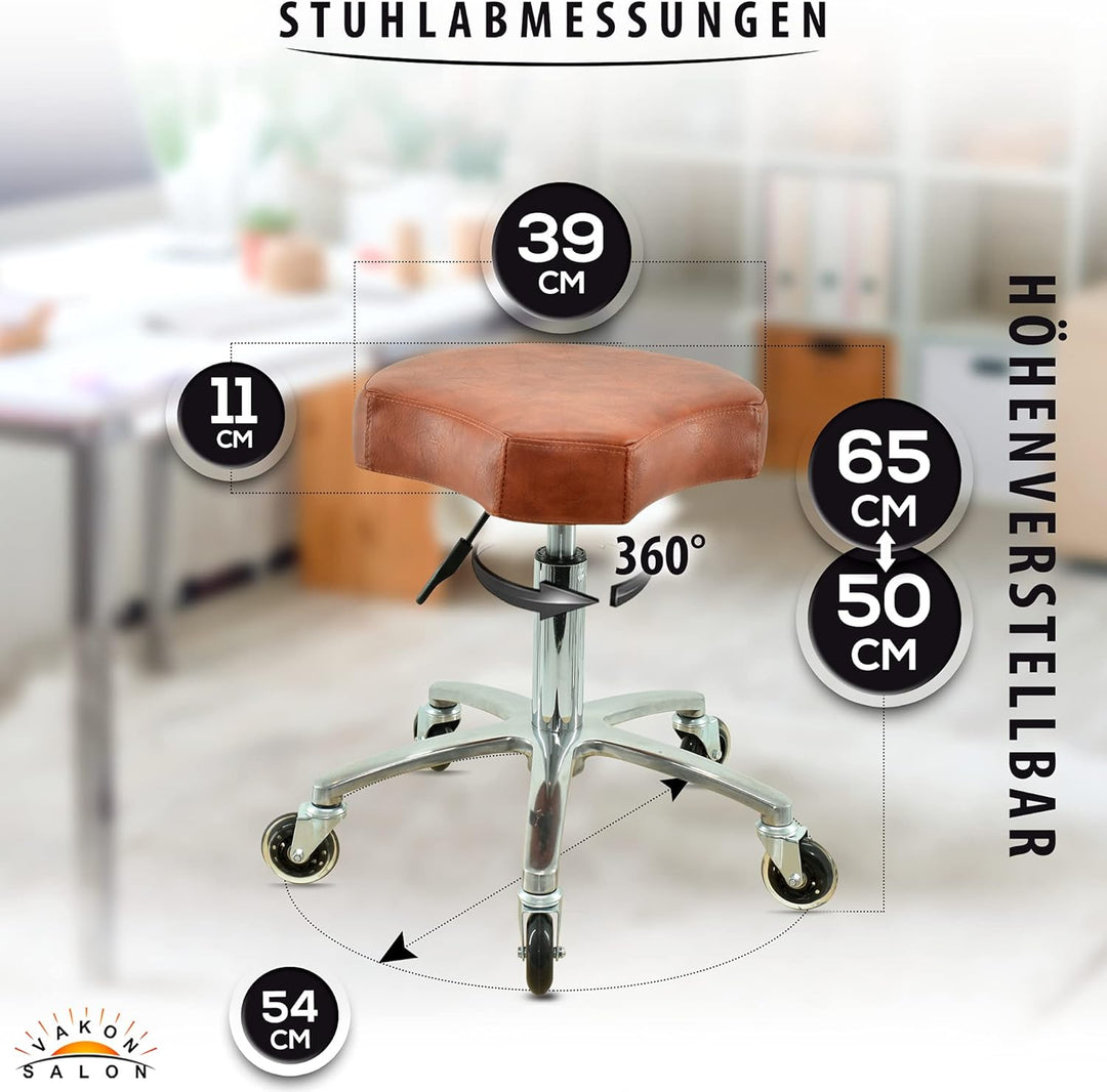 VAKON SALON - Ergonomischer Sitzhocker Hellbraun höhenverstellbar von 50 bis 65 cm Rollhocker - Dreh