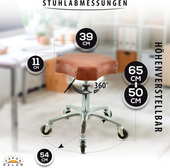 VAKON SALON - Ergonomischer Sitzhocker Hellbraun höhenverstellbar von 50 bis 65 cm Rollhocker - Dreh