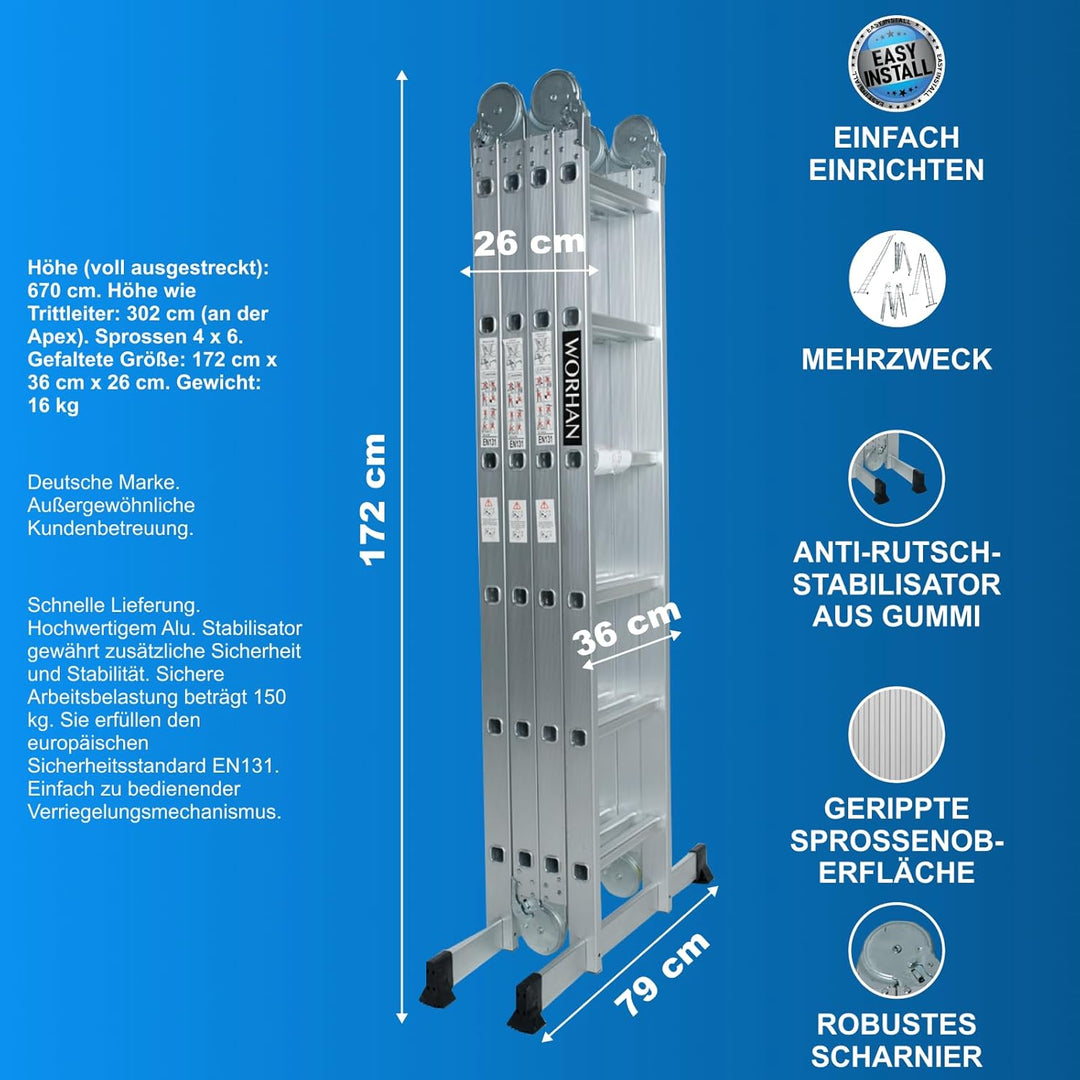 WORHAN MEHRZWECKLEITER ANLEGELEITER STEHLEITER 670cm AUS Aluminium Leiter 6,7m KS6.7, 6,7m