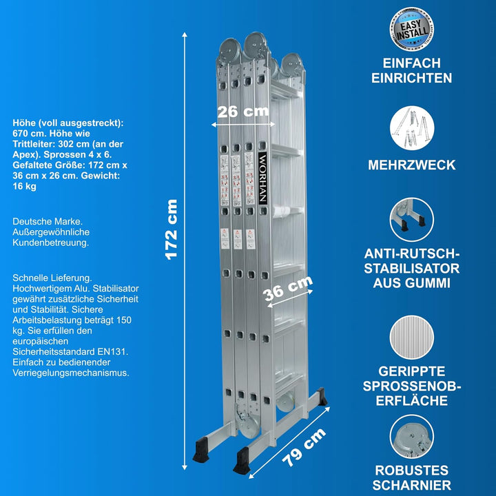 WORHAN MEHRZWECKLEITER ANLEGELEITER STEHLEITER 670cm AUS Aluminium Leiter 6,7m KS6.7, 6,7m