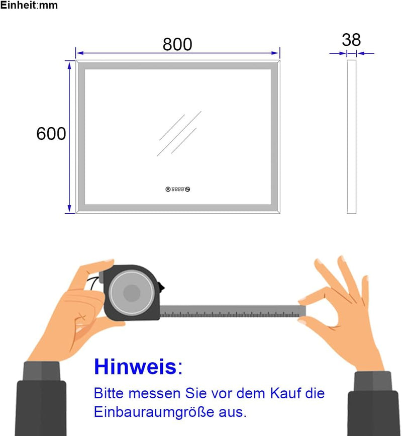 EMKE Badspiegel mit Beleuchtung 80x60cm Badspiegel Schwarzer Rand LED Badezimmerspiegel mit Touch, A