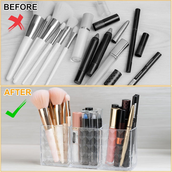 Kosmetik Organizer, 2-Pack Acrylic Pinselhalter, 3 Fächern Kristall Makeup Pinsel Halter, Klarer Sch