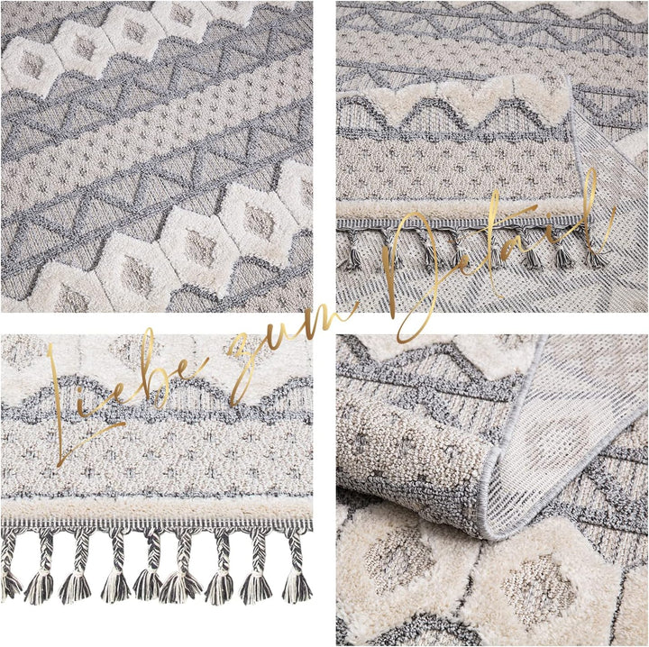 payé Teppich Wohnzimmer - Geometrische Muster - 160x230cm Grau Blau - Fransen Deko Boho Flauschig -