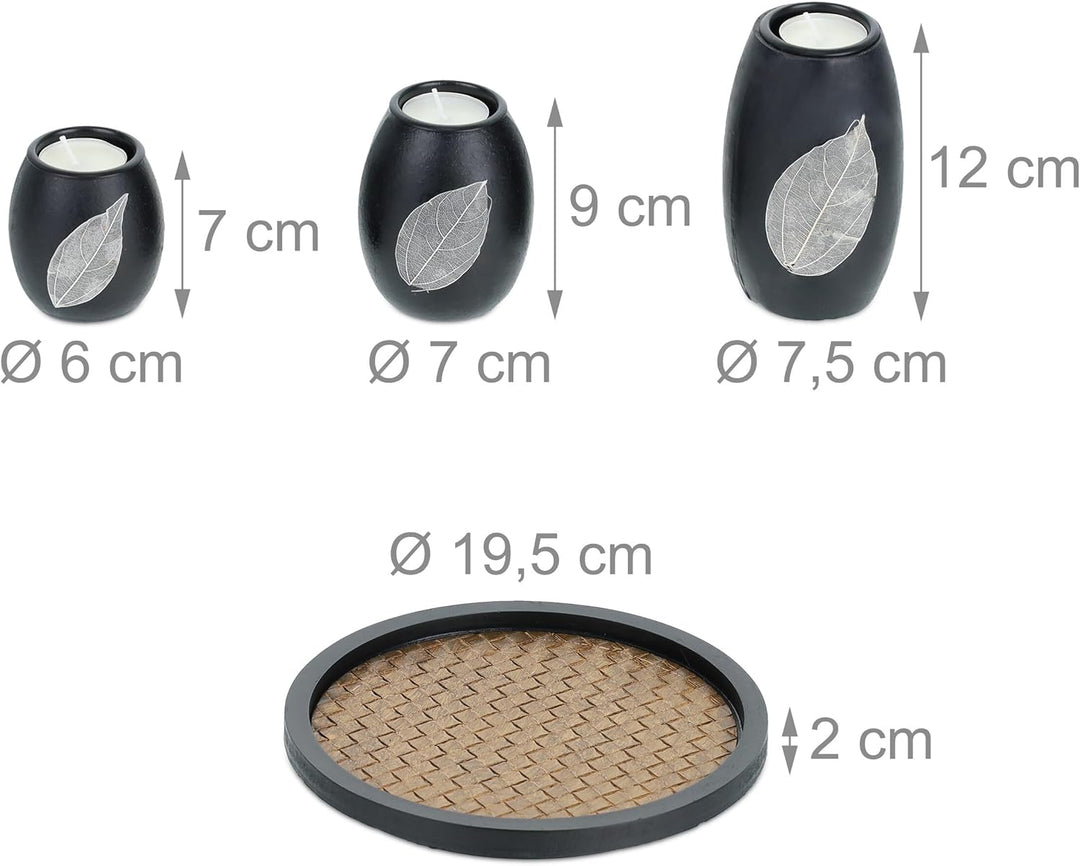 Relaxdays Teelichthalter Set mit Tablett & Steinen, Ø 19,5 cm, Tischdeko Wohn- & Esszimmer, Kerzenha