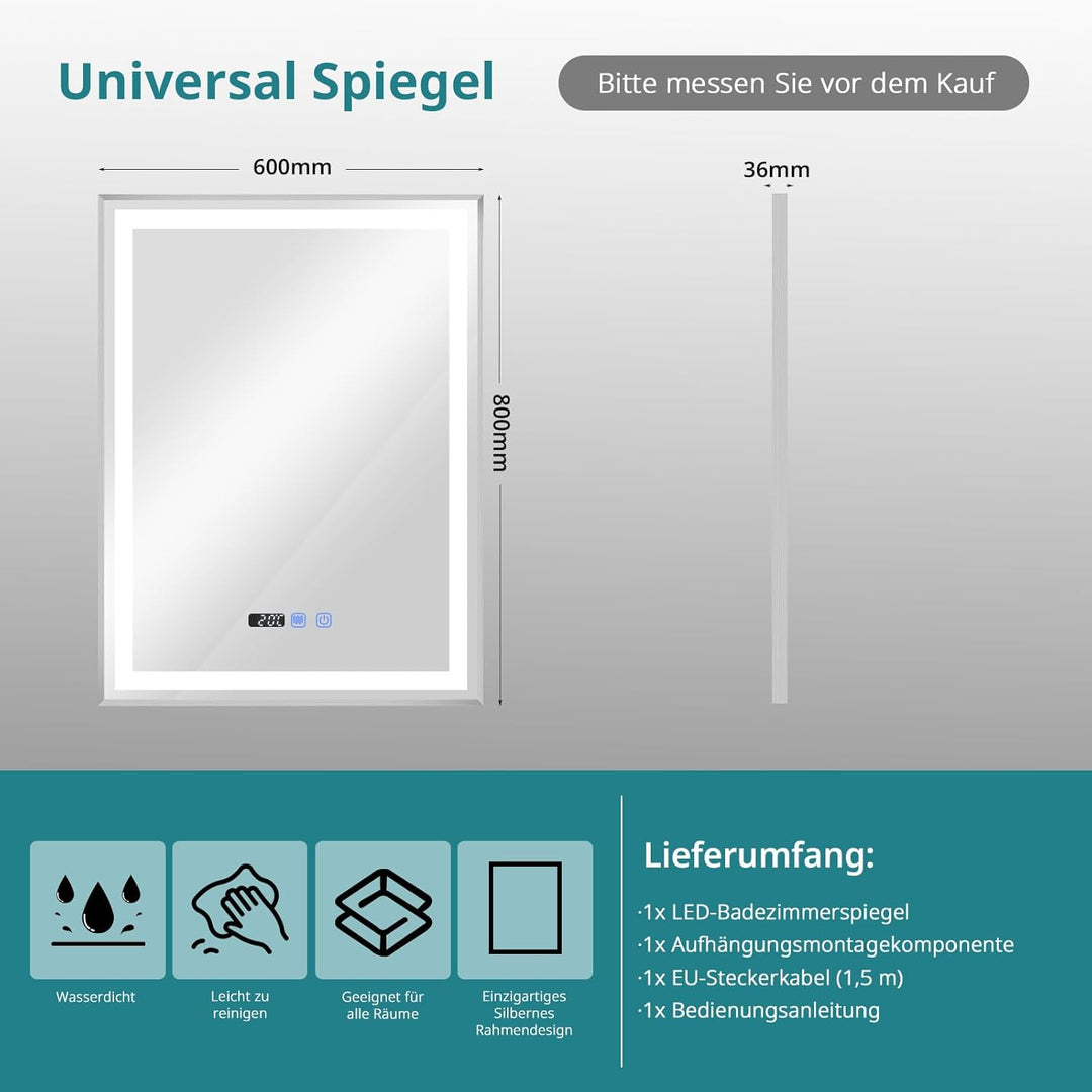YOURLITE Badspiegel mit Beleuchtung 60x80cm, LED Spiegel Bad mit Uhr, 3 Lichtfarben Dimmbar, Badezim