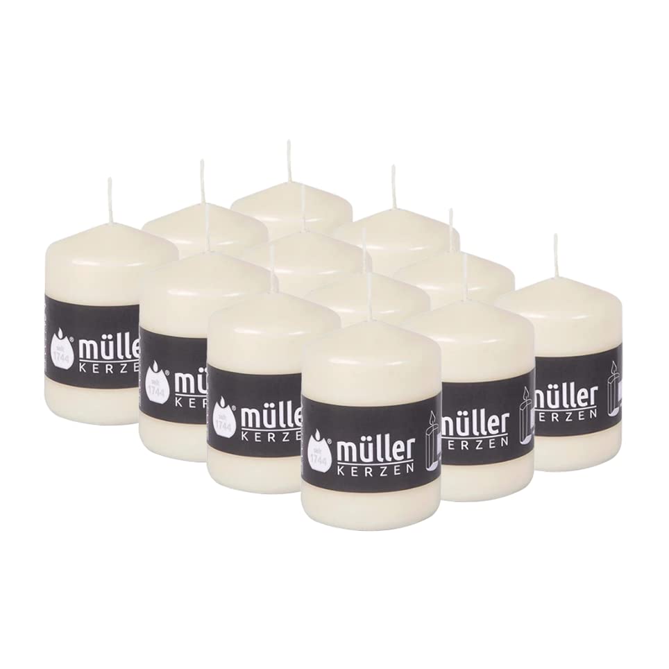Müller Stumpenkerzen - Set mit 12 Säulenkerzen - Elfenbein - 57 x 81 mm - Brenndauer: 15 Stunden - T