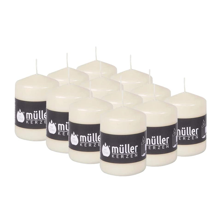 Müller Stumpenkerzen - Set mit 12 Säulenkerzen - Elfenbein - 57 x 81 mm - Brenndauer: 15 Stunden - T
