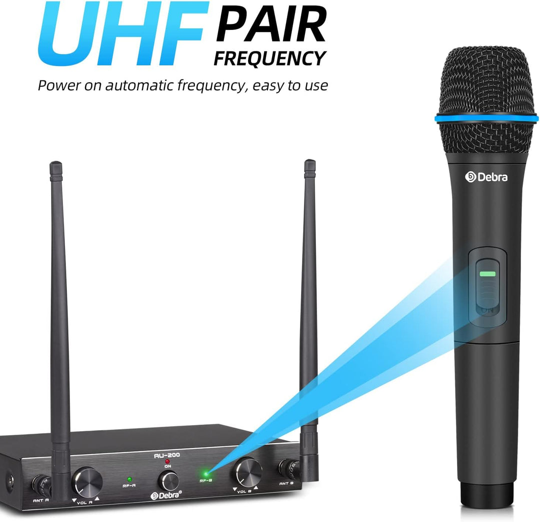 D Debra Audio AU200 Pro UHF 2-Kanal-Drahtlos-Mikrofonsystem mit schnurlosen Lavalier-Headset-Mikrofo