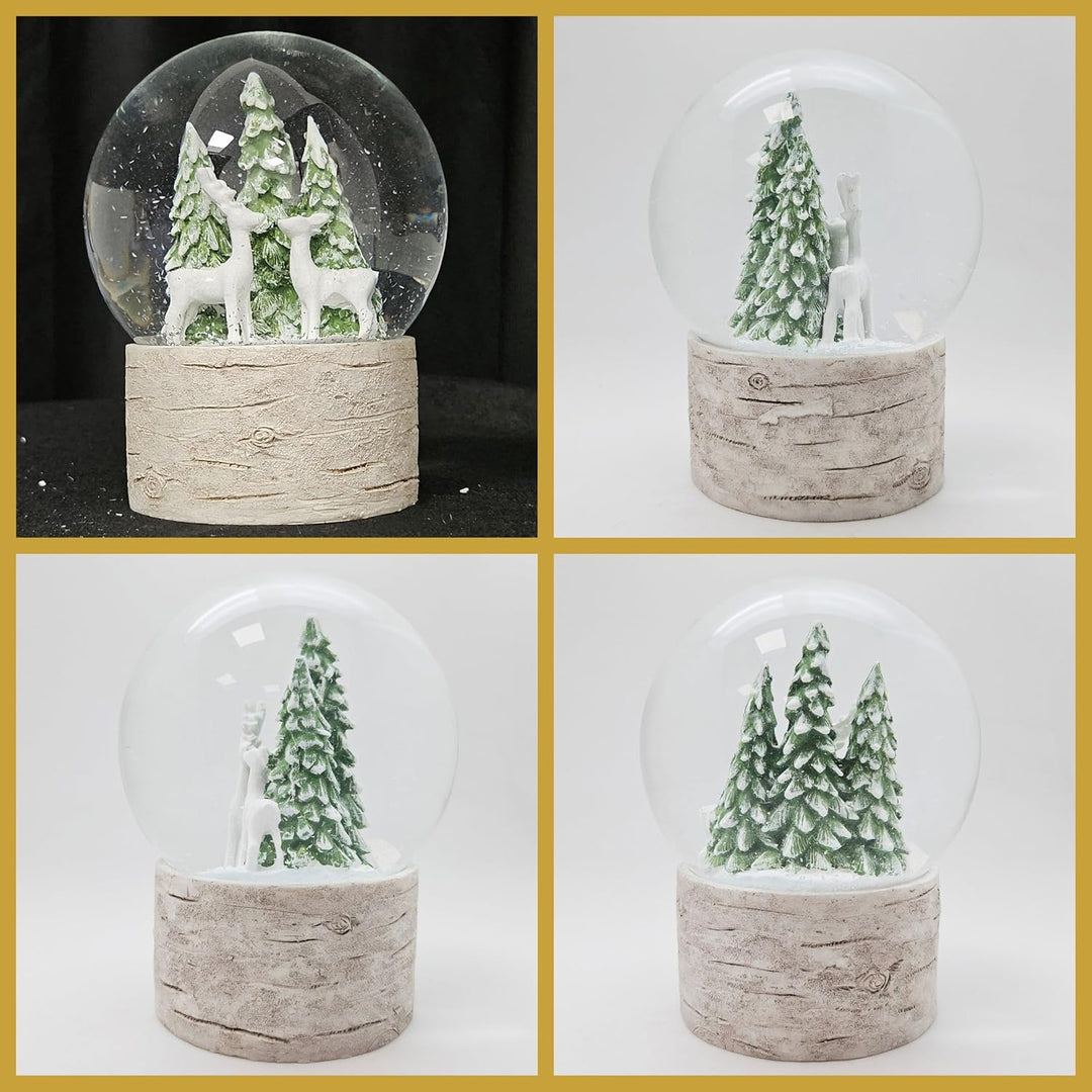Schneekugel Weihnachten | Hüttenzauber Zwei Rehe Tannenbaum | Sockel Holzoptik | Höhe: 12cm Breite 1