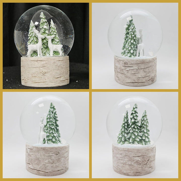Schneekugel Weihnachten | Hüttenzauber Zwei Rehe Tannenbaum | Sockel Holzoptik | Höhe: 12cm Breite 1