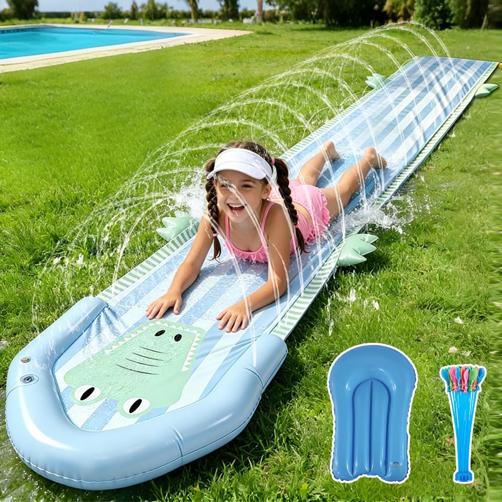 Wasserrutsche Garten für Kinder, 482 x 75cm Doppelte Wasserrutsche Garten mit 2 Bodyboards, Aufblasb