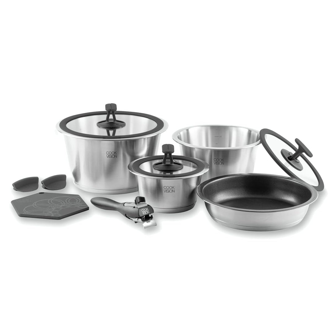 Basis-Set 11-tlg. schwarz, 3x Edelstahltöpfe und 1x Pfanne für alle Herdarten, 3x Glasdeckel, 1x Gri