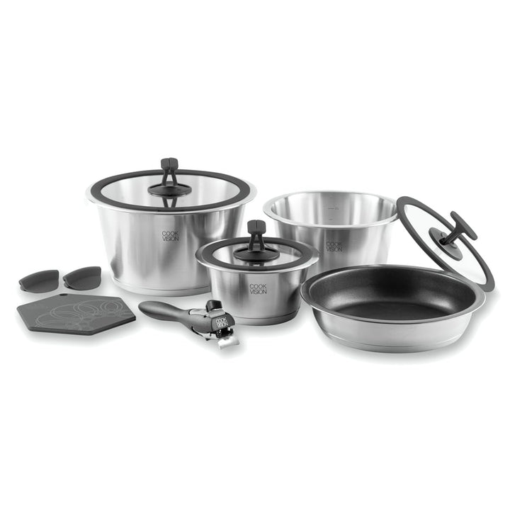 Basis-Set 11-tlg. schwarz, 3x Edelstahltöpfe und 1x Pfanne für alle Herdarten, 3x Glasdeckel, 1x Gri