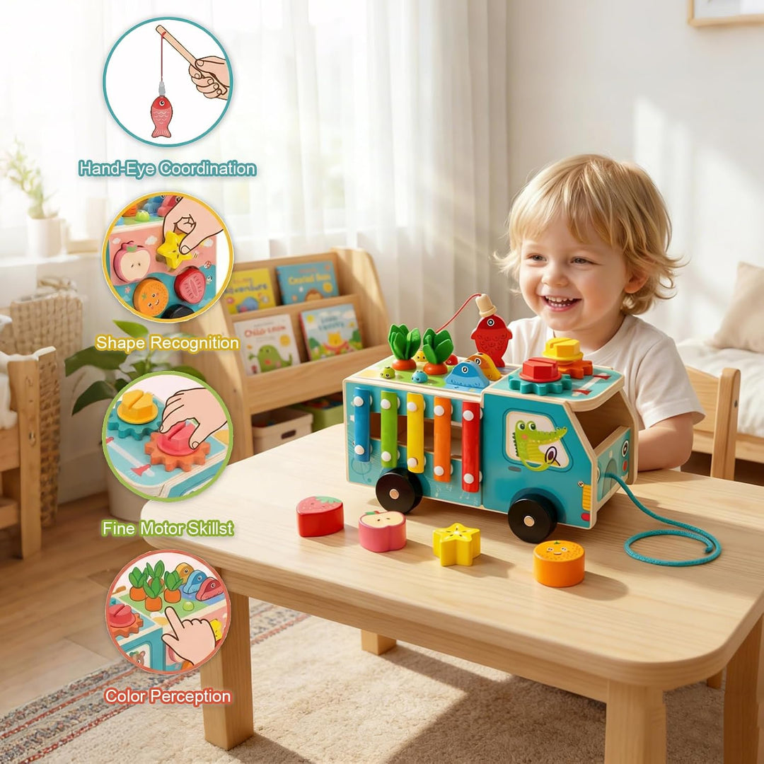 Montessori Holzspielzeug ab 1 2 3 Jahre, 8-in-1 Musikbus Nachziehspielzeug mit Xylophon, Angelspiel,