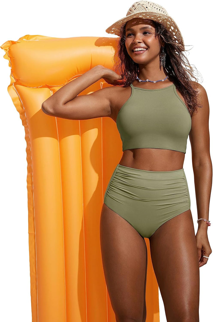 CRZ YOGA Damen Bikinitops Stehkragen Bikini Sport BH Racerback Gepolstert Bikinioberteil Sexy Bikini