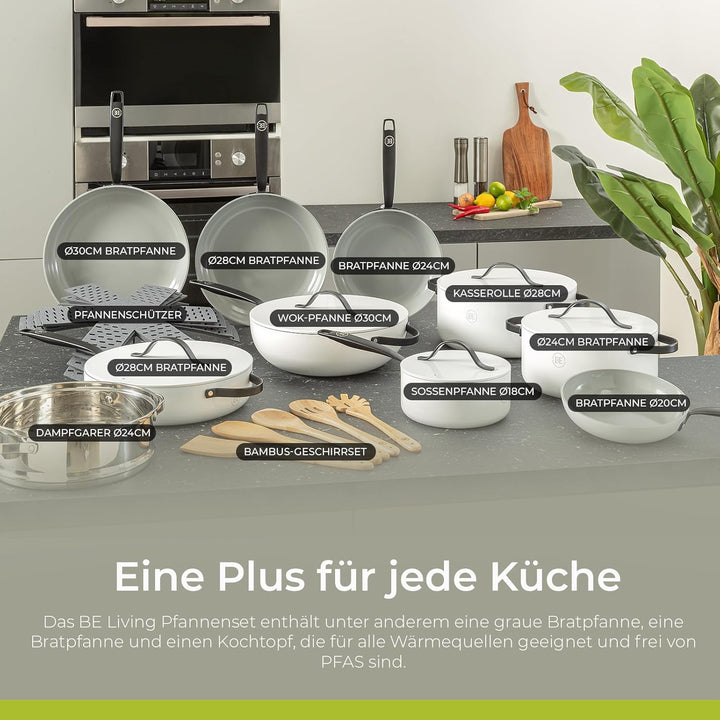 Be Living Essential Pfannenset 3-teilig, Bratpfanne 20/24/28 cm, Non Stick Keramik Antihaft, Indukti