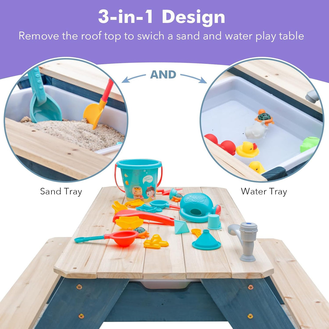 Kids 3-in-1 Sand- und Wasser-Aktivitätstisch, Holz, Outdoor, wandelbarer Picknicktisch mit Regenschi