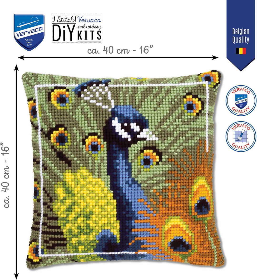 Vervaco stolze Pfau Kreuzstichkissen/Stickkissen vorgedruckt, Baumwolle, Mehrfarbig, 40 x 40 x 0.3 c