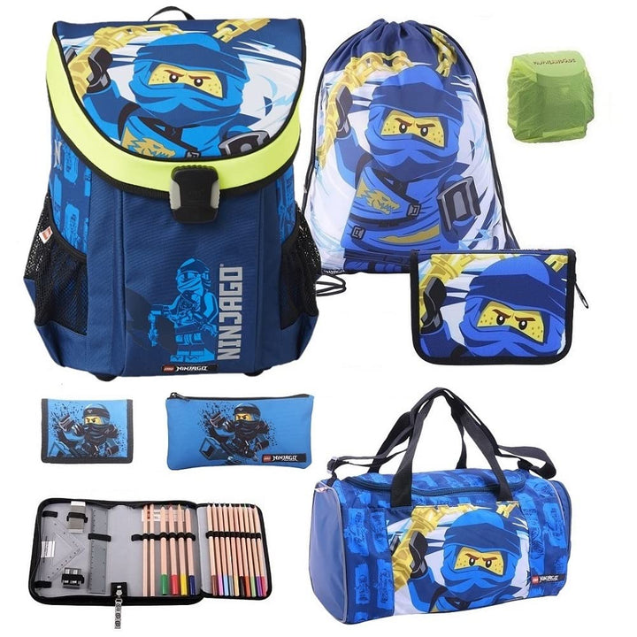 Familando - Schulranzen Set 7-teilig mit Sporttasche - Ninjago Blau - Ergonomisch, stabil & mit gepo