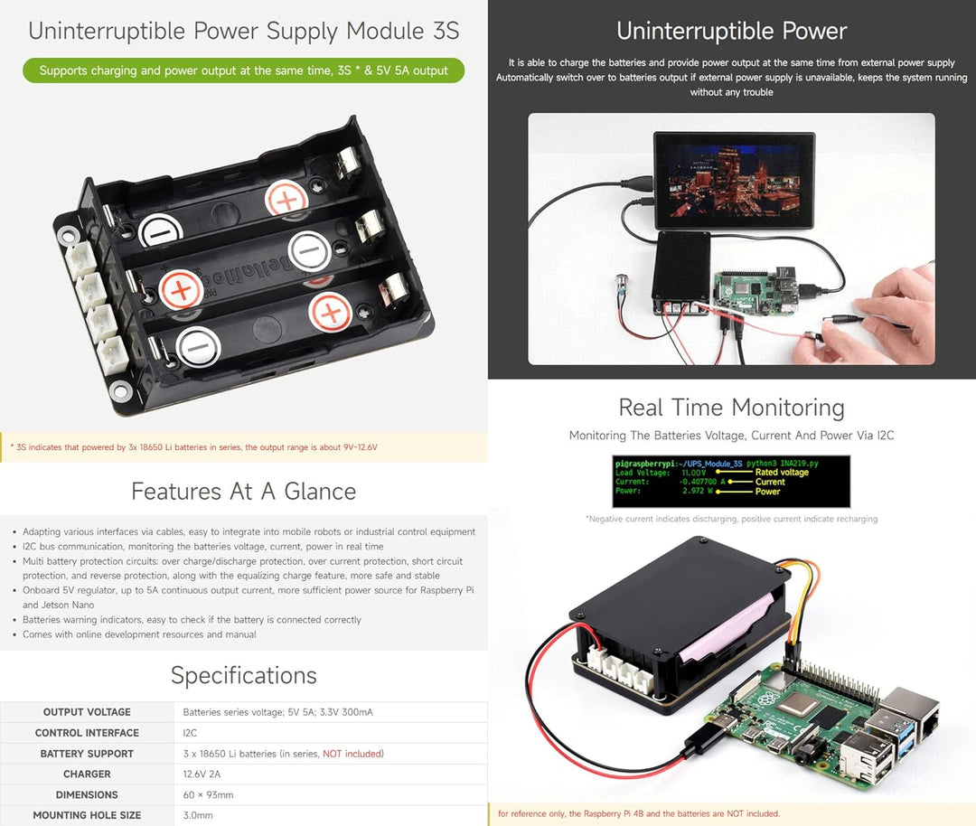 Waveshare Uninterruptible Power Supply UPS Module Supports Charging and Power Output at The Same Tim