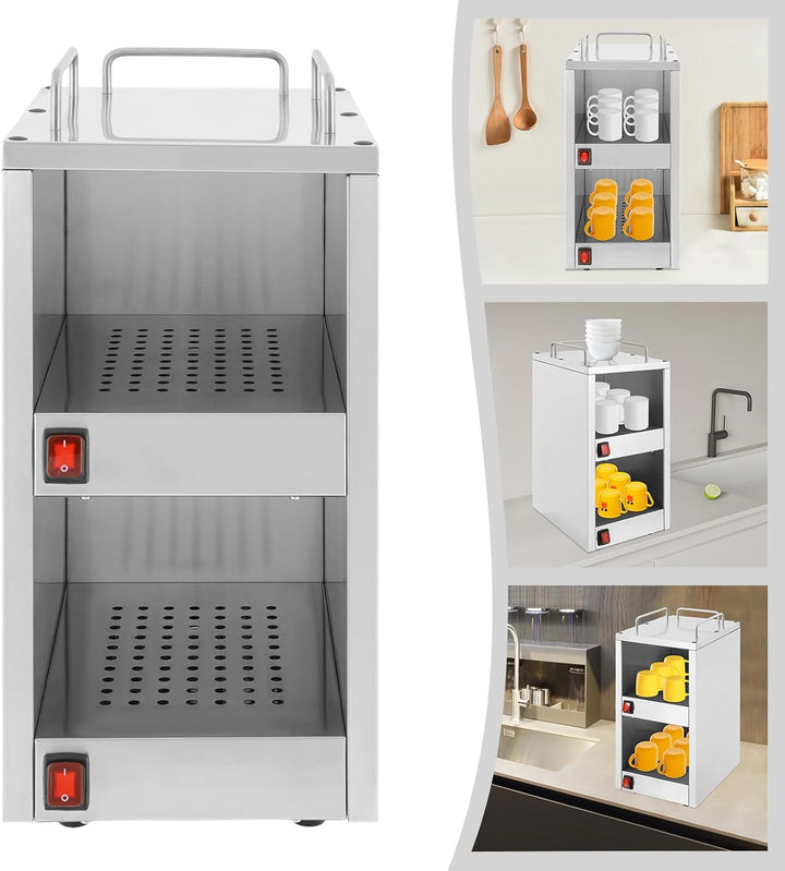 Tassenwärmeschrank Edelstahl Freistehend, Tassenwärmer-Schrank mit 2 Heizfächern & 75°C (167°F), Dop