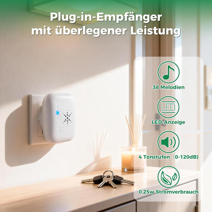 Funkklingel Türklingel Set – Kabellos & Batterielos, 4 Lautstärken, 120dB, 400m Reichweite, Wasserdi
