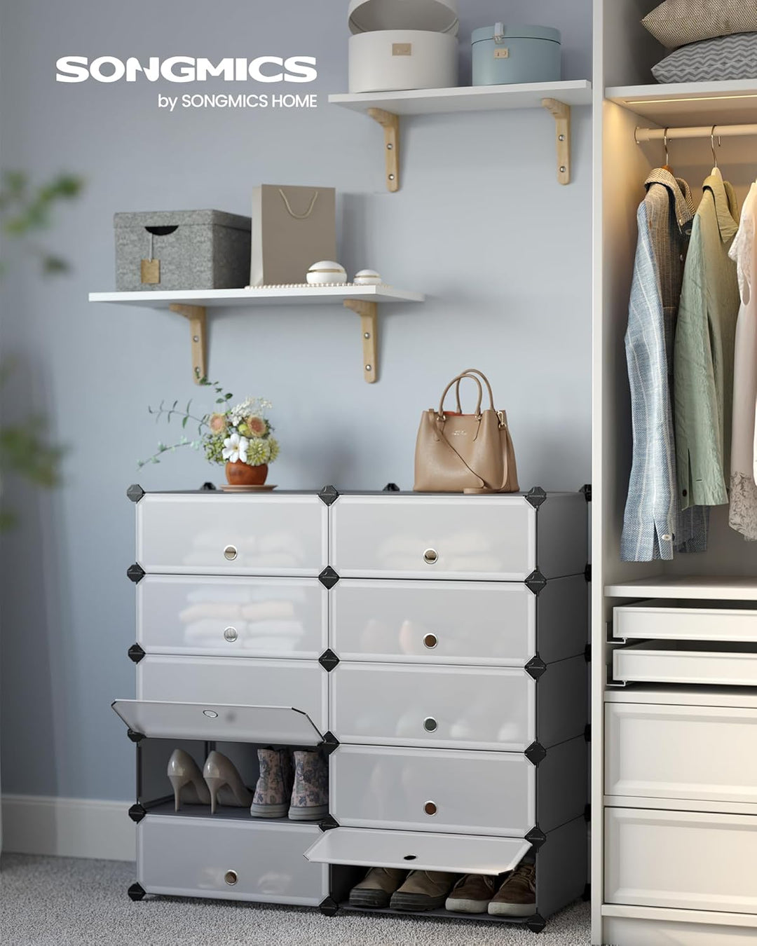 SONGMICS Schuhregal mit 10 Ebenen, Steckregal, Regalsystem, Schuh-Organizer, DIY-Regal, mit Tür, aus