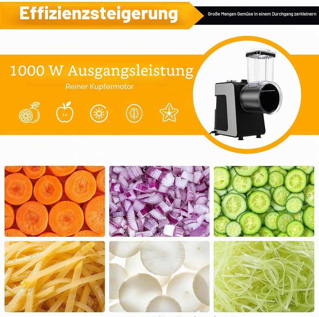 1000W Gemüseschneider Elektrisch mit 10 Ersatzklingen, 5 in 1 Elektrischer Gemüsehobel Küchenreibe G