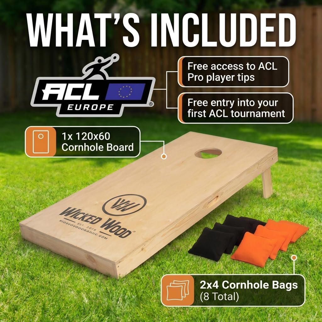 Cornhole Set – 120 x 60 cm - Sackloch Spiel – Wicked Wood – offiziell ACL-lizensiertes Set of Boards