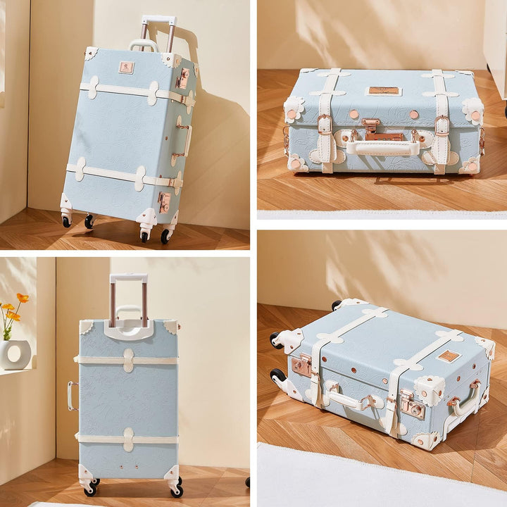 Unitravel Vintage Kofferset 3 Teilig, Retro PU-Leder Reisekoffer mit Kosmetikkoffer für Damen, Geprä