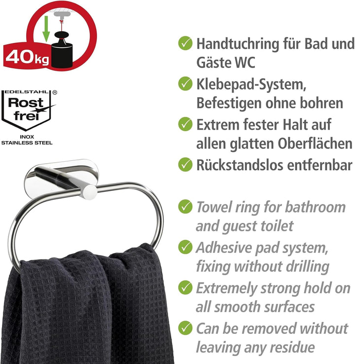 WENKO Turbo-Loc Handtuchring Orea Shine, Befestigen ohne Bohren, flexibel nach Oben und unten bewegl