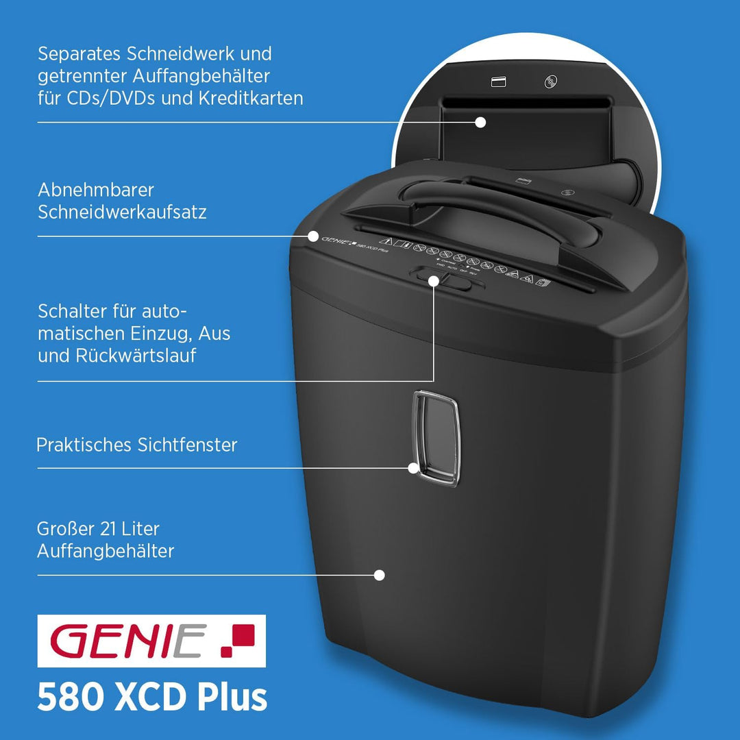 Genie 580XCD Plus Aktenvernichter | Papierschredder | Partikelschnitt | Schredder bis 10 Blatt | CD/
