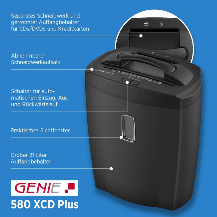 Genie 580XCD Plus Aktenvernichter | Papierschredder | Partikelschnitt | Schredder bis 10 Blatt | CD/