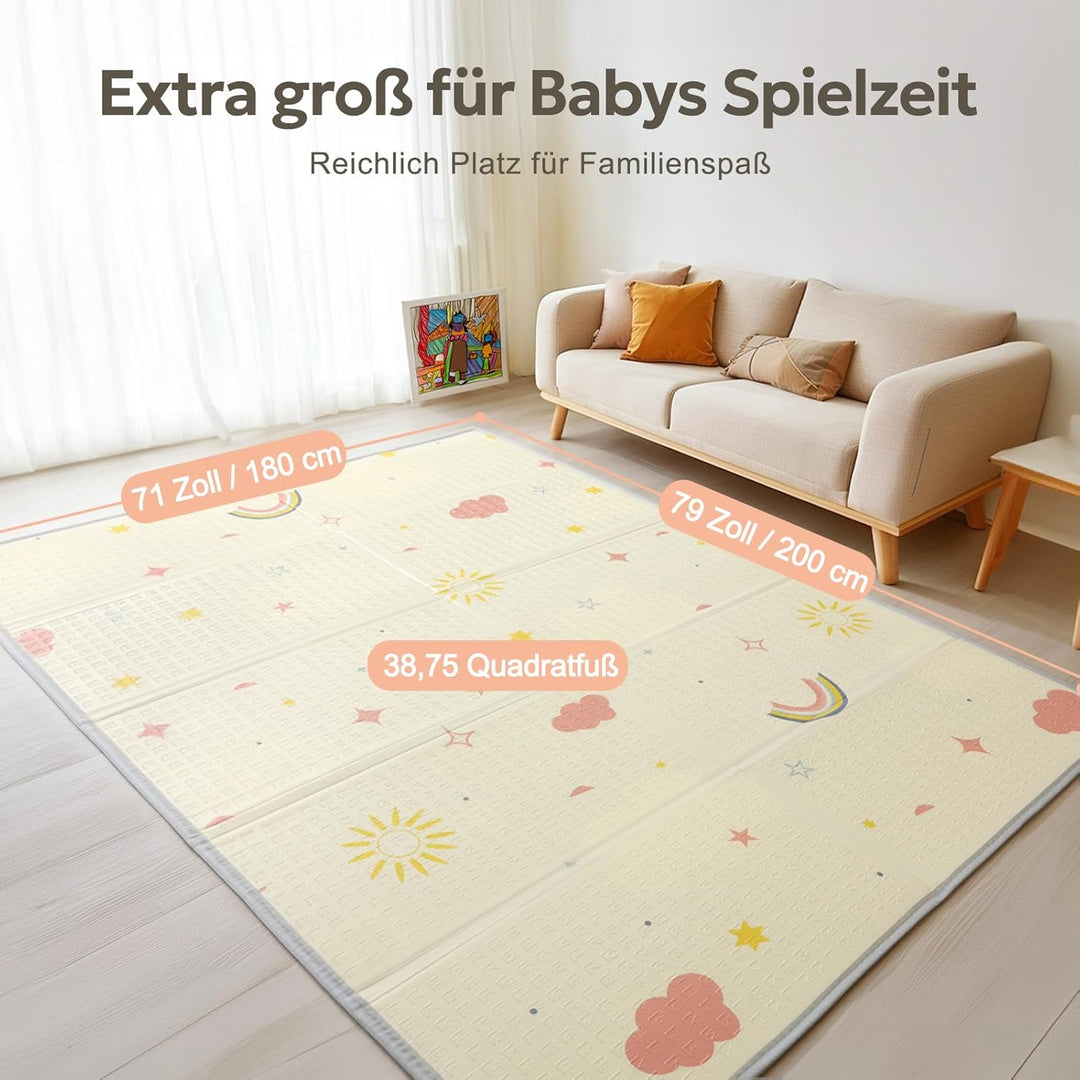 Mallify Krabbelmatte 180x200x1,5cm für Baby, Faltbar & Schadstofffrei, Beidseitig Verwendbare Spielm