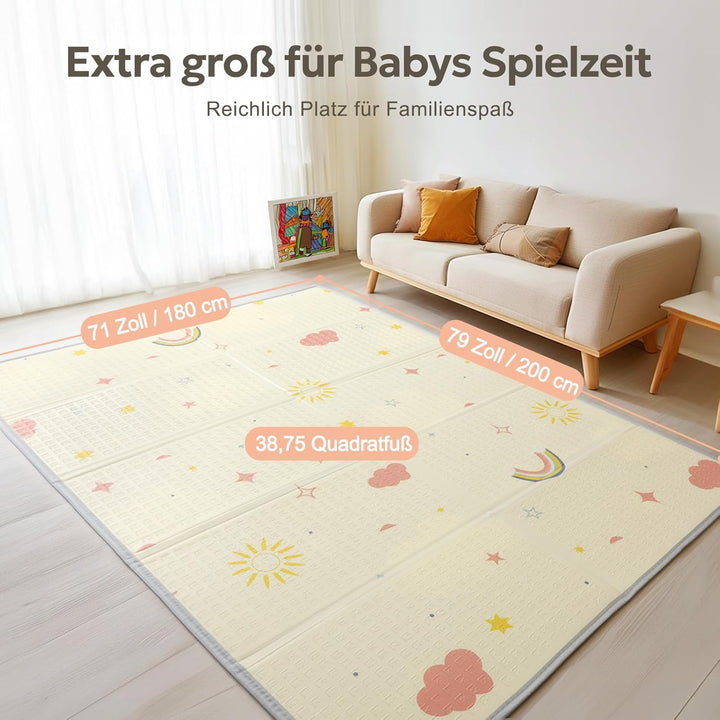 Mallify Krabbelmatte 180x200x1,5cm für Baby, Faltbar & Schadstofffrei, Beidseitig Verwendbare Spielm