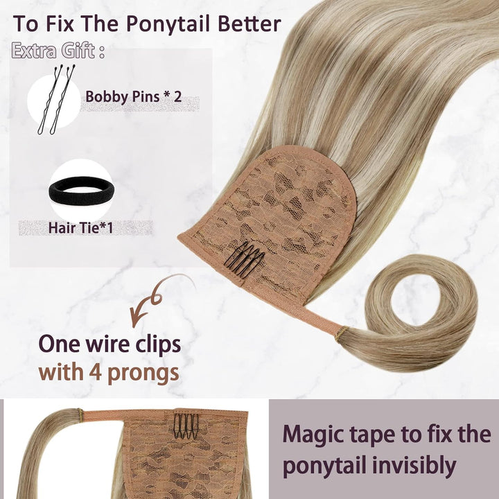 RUNATURE Ponytail Echthaar Blond Highlight 30cm Natürliche Clip in Extensions Echthaar Zopf Blond Un