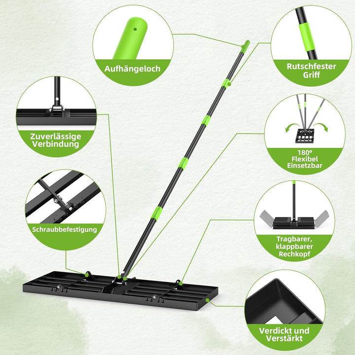 GARDTECH Rasenrakel 75x25 cm | Nivellierrechen aus Edelstahl mit Anti-Kipp-Design | 195 cm Verstellb