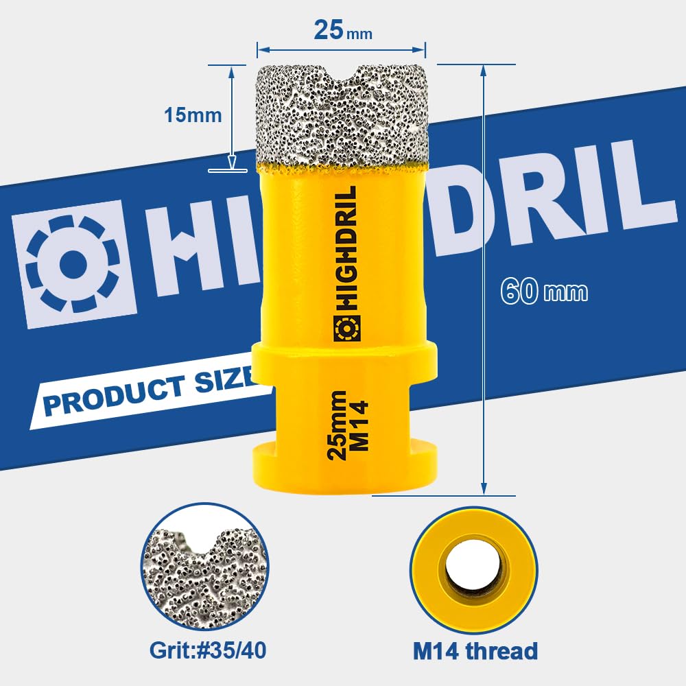 HIGHDRIL Diamant Bohrkrone - 25mm Lochsäge Fliesen M14 Gewinde für Porzellan Fliese Keramik Granit M