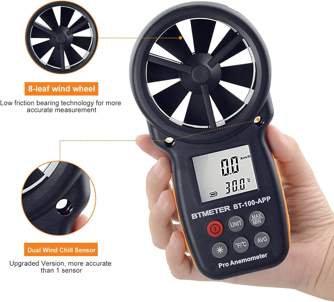 BTMETER Anemometer Bluetooth Wireless Handheld, BT-100APP Digital Windmesser CFM Messgerät, LCD Wind