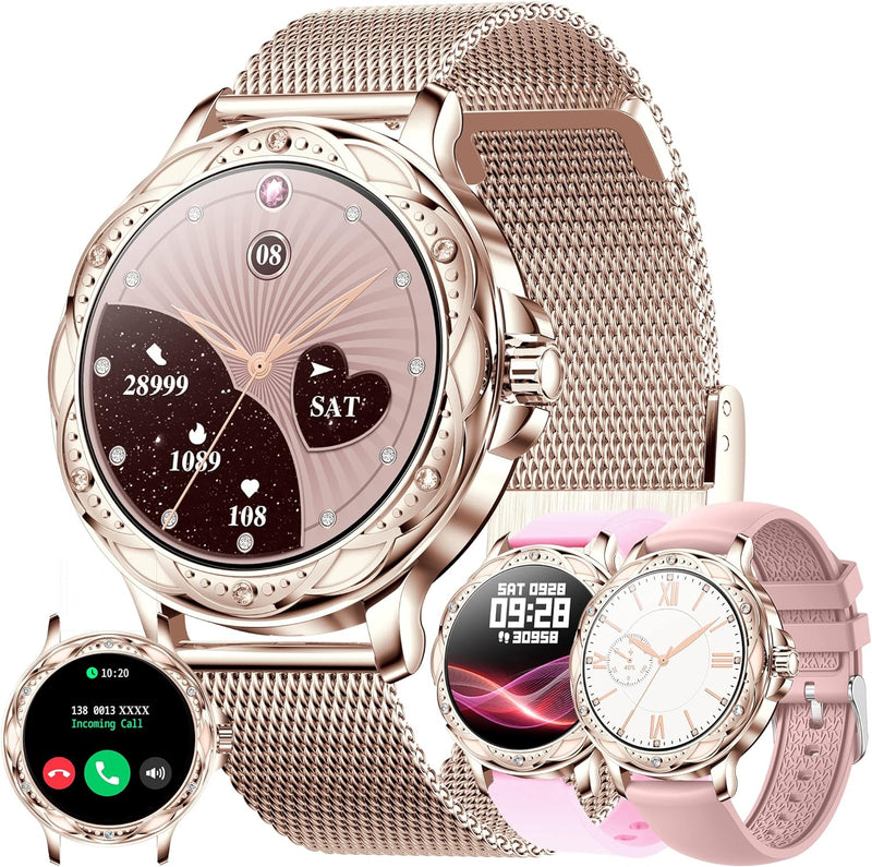 Smartwatch Damen mit Telefonfunktion, 1,2 Fitnessuhr Diamond Uhren Fitness Tracker 123 Sportmodi Akt