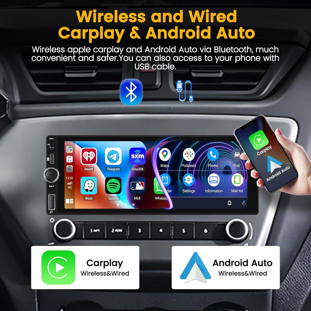 Hikity 1 DIN Wireless Carplay Autoradio 6,9” Touchscreen Auto Radio Android Auto Bildschirm mit Blue