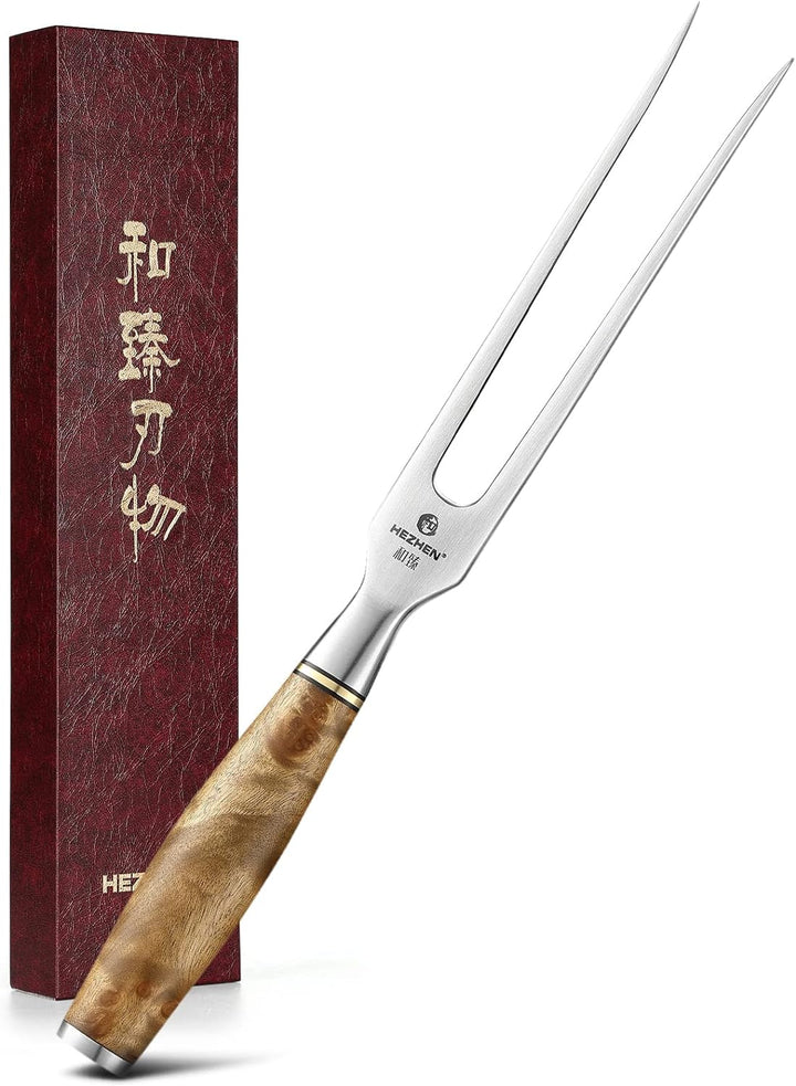 HEZHN Tranchiergabel Fleischgabel Outdoor Grillgabel 430 Edelstahl Figaro Bergahorn Holz Geschenkbox