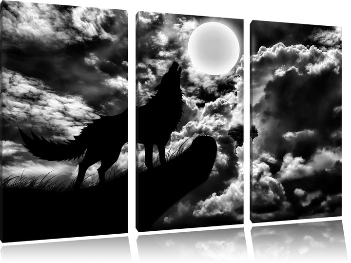 Pixxprint Wolf im Mondschein als Leinwandbild/Grösse: 3 Teilig (120x80) cm/Wandbild/Kunstdruck/ferti