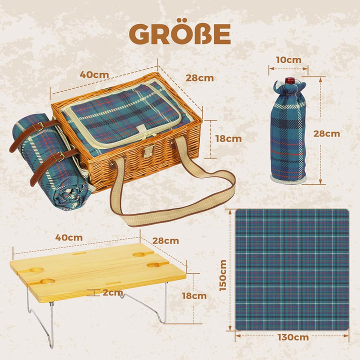 HYBDAMAI Picknickkorb-Set mit Klapptisch und Besteck-Set, Picknickkorb für 4 Personen mit kühltasche