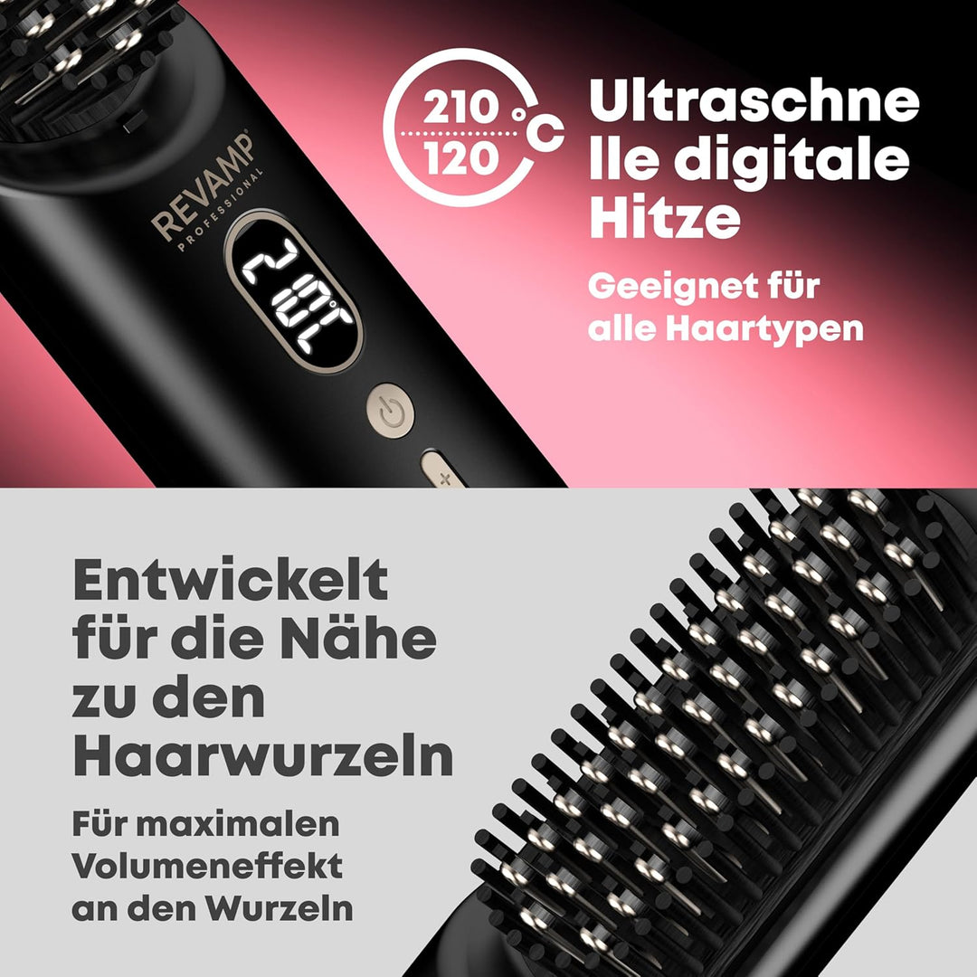 REVAMP Straight & Go Glättbürste kabellos – Mini Haarglätter Bürste mit Ionen & Keramik, USB-C Akku,
