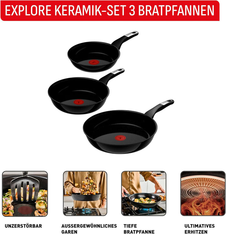 Tefal Explore On Keramik 3-tlg. Bratpfannen-Set 20/24/28 cm, leistungsstarke Antihaftkeramikversiege