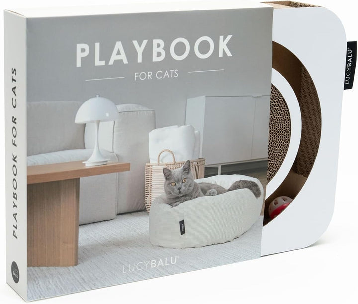LucyBalu® Playbook Katzen Kratzbrett mit Ball | Fummelbrett | Katzenspielsachen aus Kratzpappe | Int