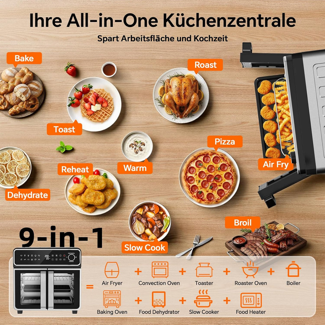 Emphsism Heissluftfritteuse XXL 23L - Mini Backofen Variable Flex-Zone, French Door Airfryer 2 Kamme